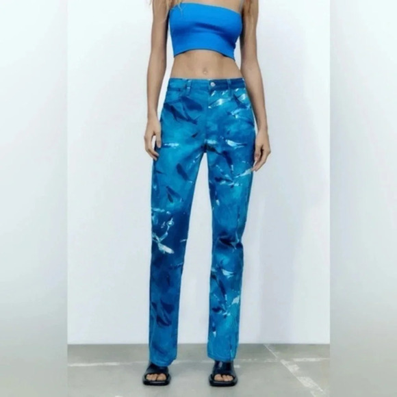 Zara straight fit mid waist fish printed jeans size 0 US/32 EUR New - Picture 1 of 7
